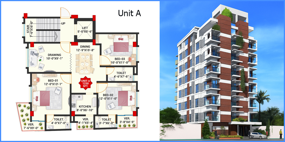Naz Garden 3 Bed 1st  Floor Unit A 1250 SFT